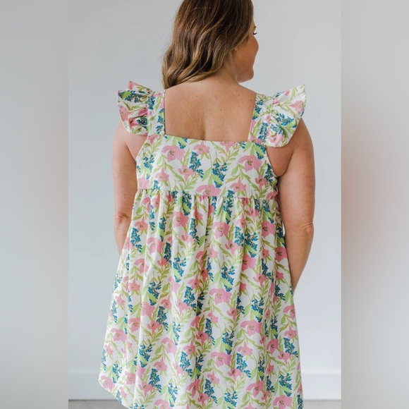 Linen floral block print babydoll mini dress ruffle pyjama square neck flutter - Picture 5 of 14